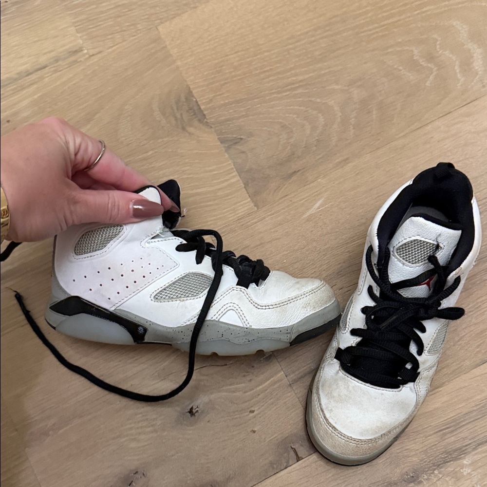 Kids White and Black Sneakers Kids Jordan’s 12.5